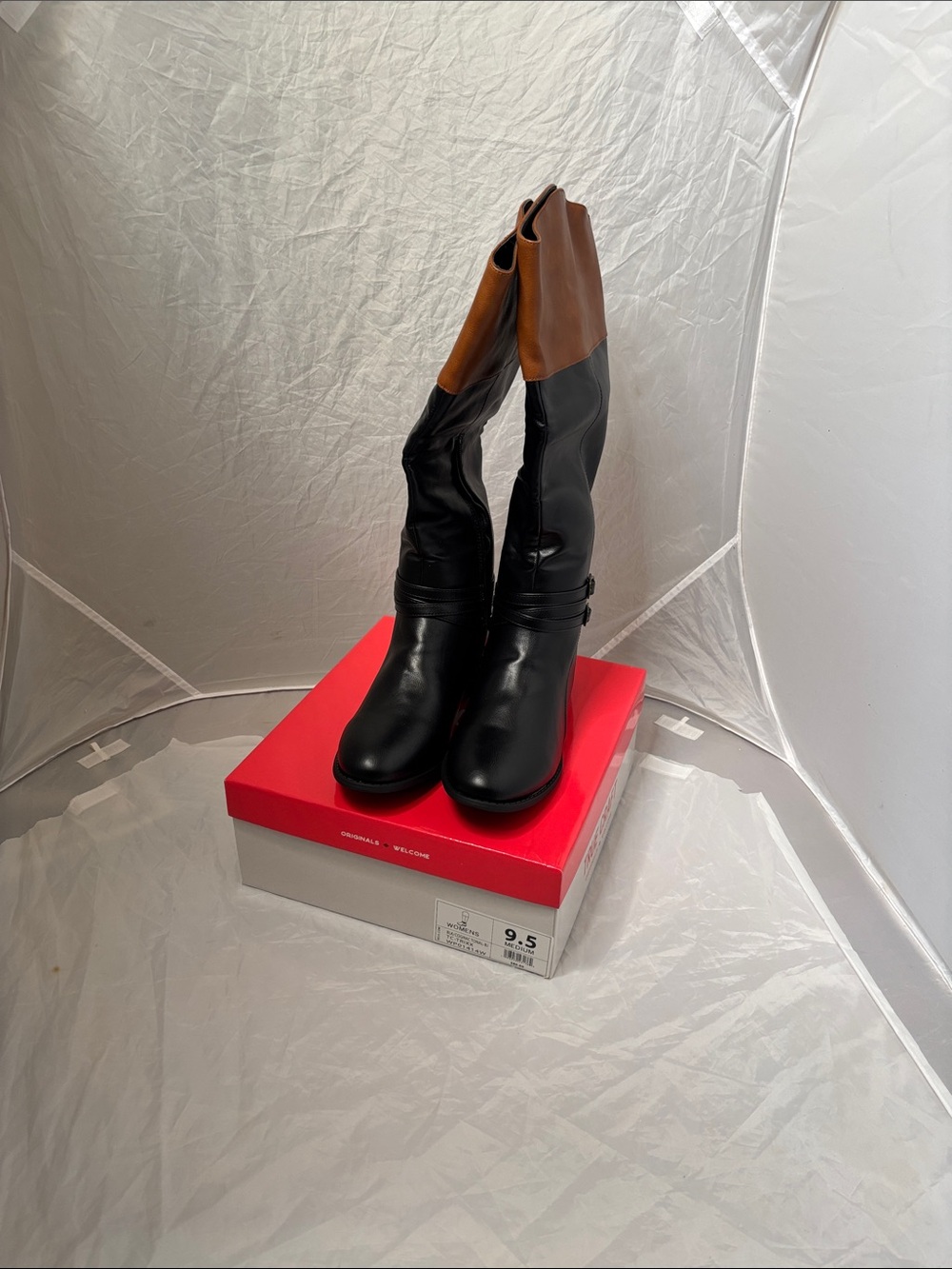 True Craft Black and Brown Two-Tone Knee-High Heeled Boots 9.5 Leather